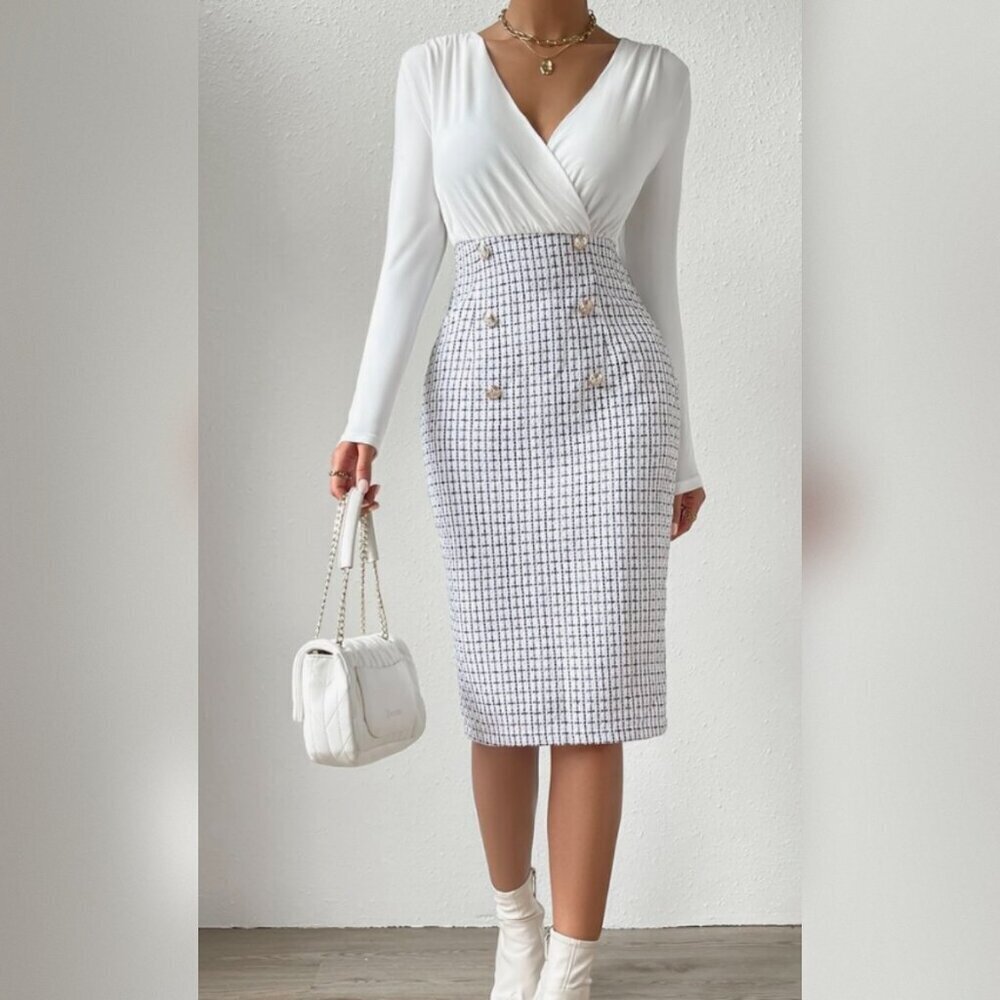 Plaid Print Surplice Neck Split Back Dress